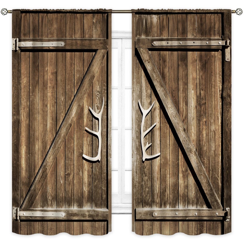 Cinbloo Rustic Western Curtains 42W x 63L Inch Rod Pocket Farmhouse Wooden Barnwood Country Bedroom Decor Vintage Retro Brown Wood Lodge Cabin Barn Door Living Room Window Drapes Fabric 2 Panels - Image 1